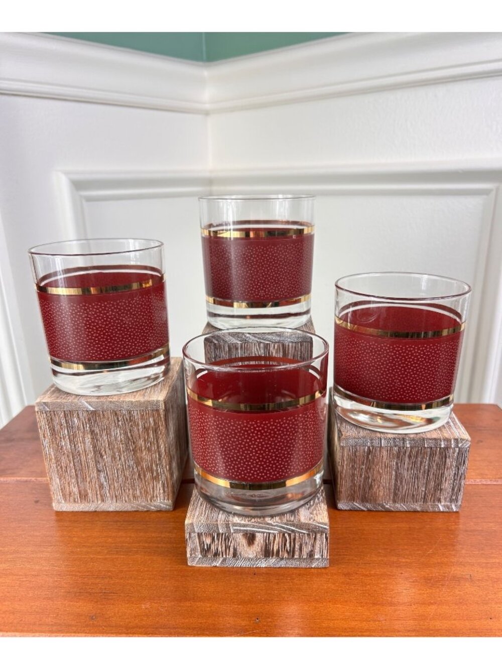 Vintage Georges Briard Burgundy Red Leather Print Lowball Whiskey Glasses.
